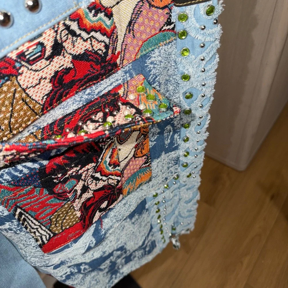 Akira Mixed Media Patchwork Studded Wide Leg Cargo Pants Multicolor NWT M - Picture 5 of 10